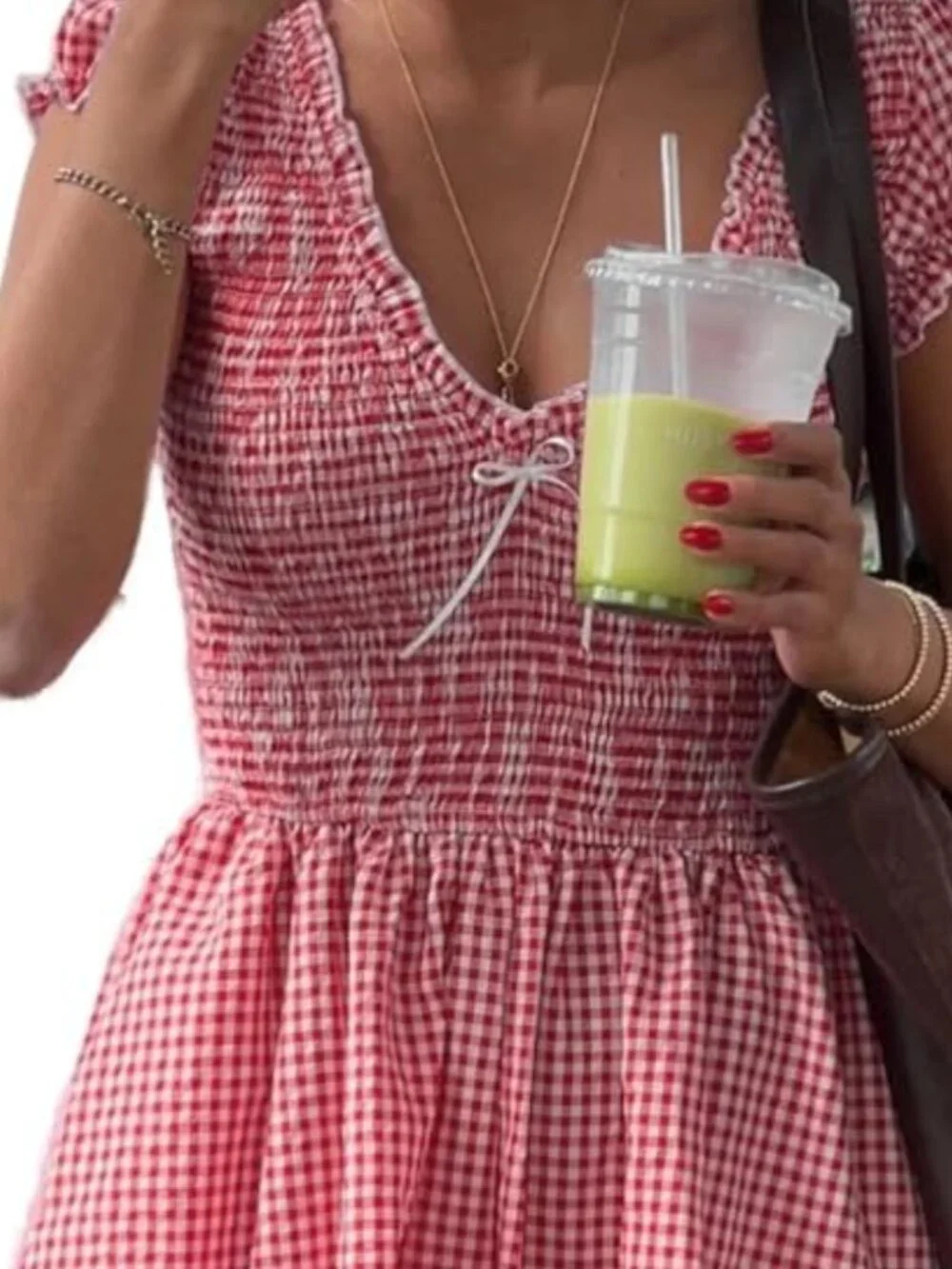 Womens Summer Gingham V Neck Puff Sleeve Smocked Wide Leg Romper Red Small - Picture 2 of 6